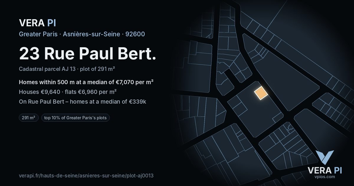 23 Rue Paul Bert, Asnières-sur-Seine at night – the plot lit, the parcels around coloured by the prices near them