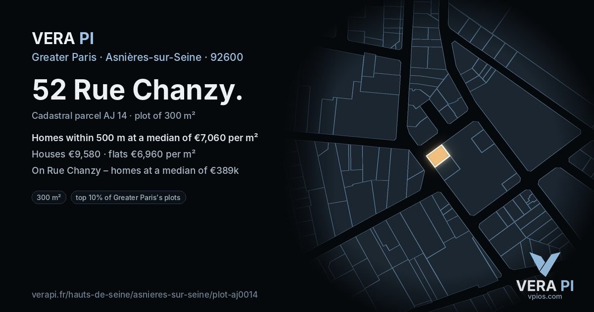 52 Rue Chanzy, Asnières-sur-Seine at night – the plot lit, the parcels around coloured by the prices near them
