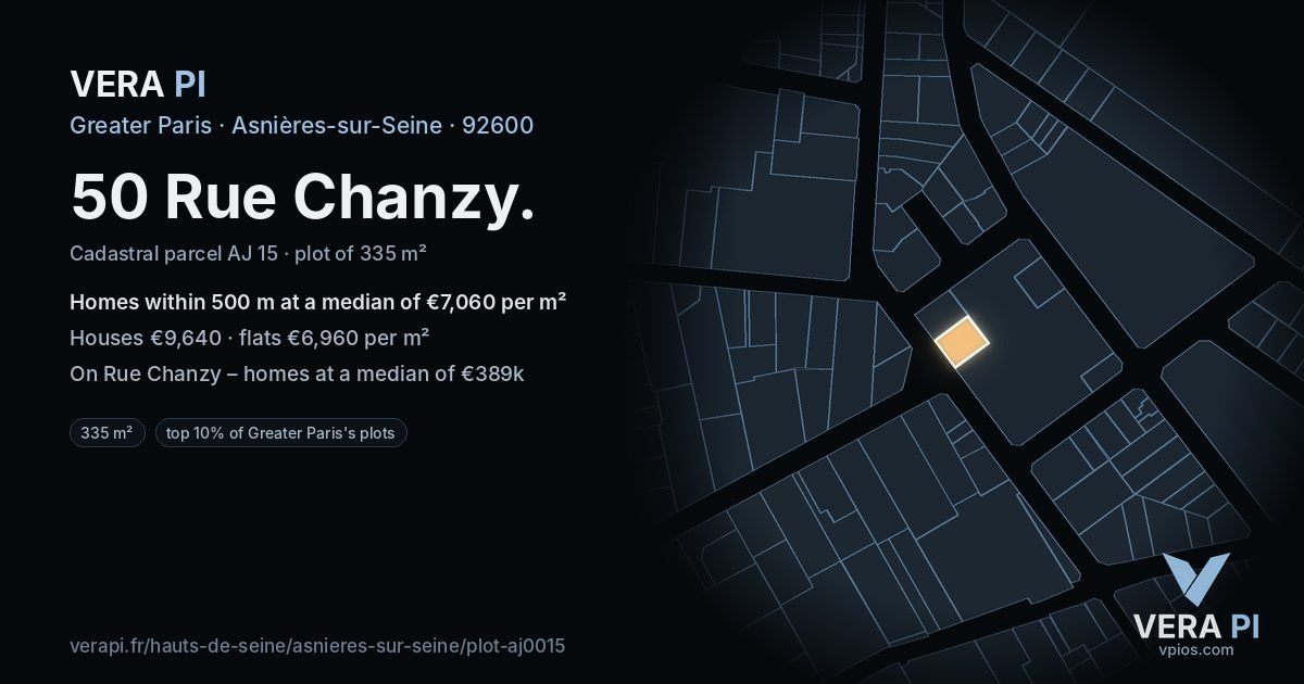 50 Rue Chanzy, Asnières-sur-Seine at night – the plot lit, the parcels around coloured by the prices near them