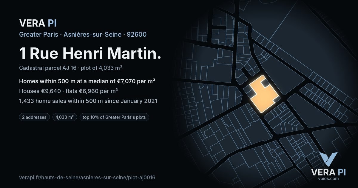 1 Rue Henri Martin, Asnières-sur-Seine at night – the plot lit, the parcels around coloured by the prices near them