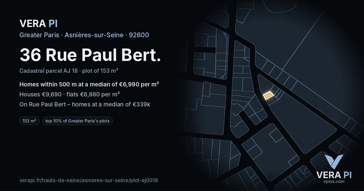 36 Rue Paul Bert, Asnières-sur-Seine at night – the plot lit, the parcels around coloured by the prices near them