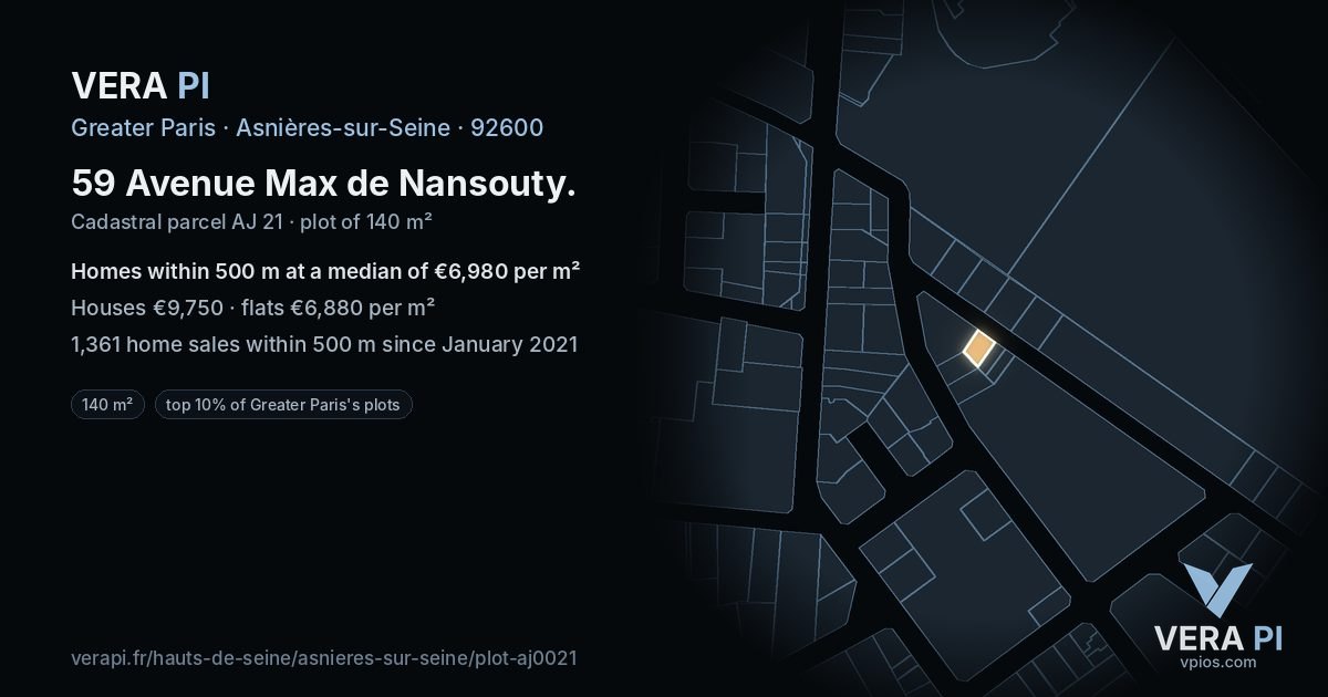 59 Avenue Max de Nansouty, Asnières-sur-Seine at night – the plot lit, the parcels around coloured by the prices near them