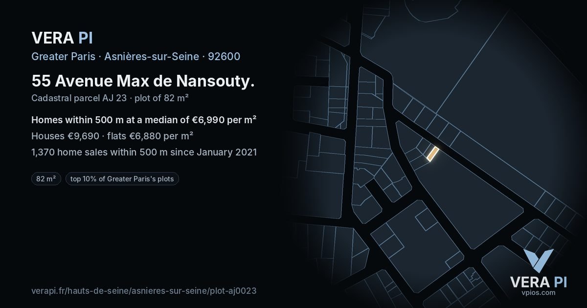 55 Avenue Max de Nansouty, Asnières-sur-Seine at night – the plot lit, the parcels around coloured by the prices near them