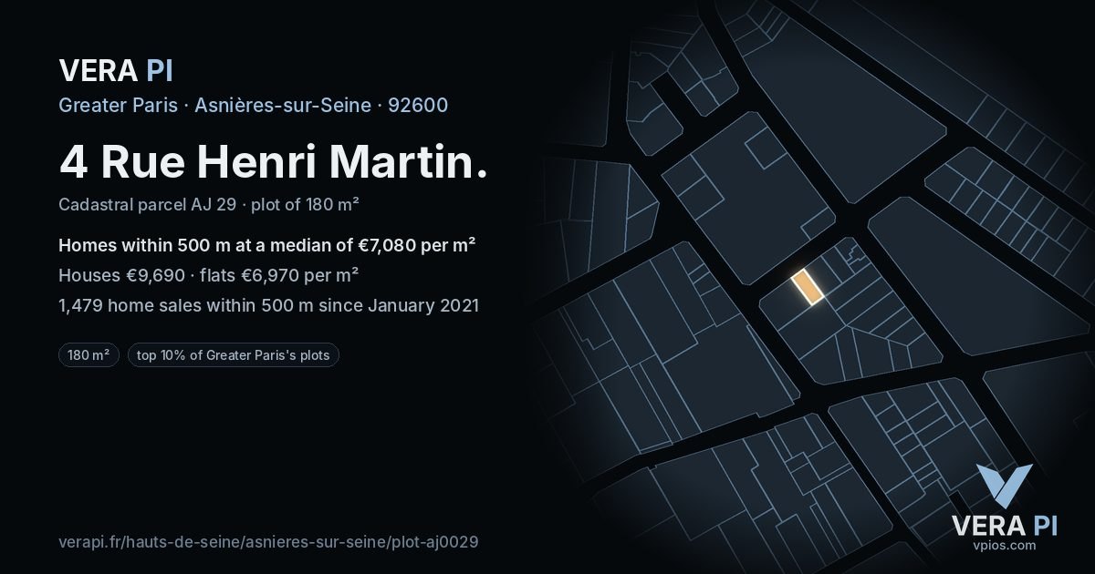 4 Rue Henri Martin, Asnières-sur-Seine at night – the plot lit, the parcels around coloured by the prices near them