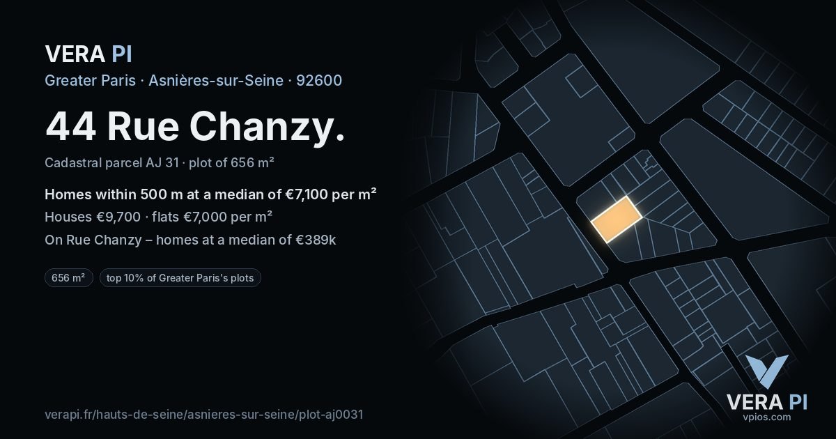 44 Rue Chanzy, Asnières-sur-Seine at night – the plot lit, the parcels around coloured by the prices near them