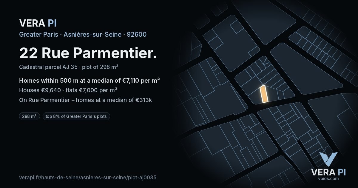 22 Rue Parmentier, Asnières-sur-Seine at night – the plot lit, the parcels around coloured by the prices near them