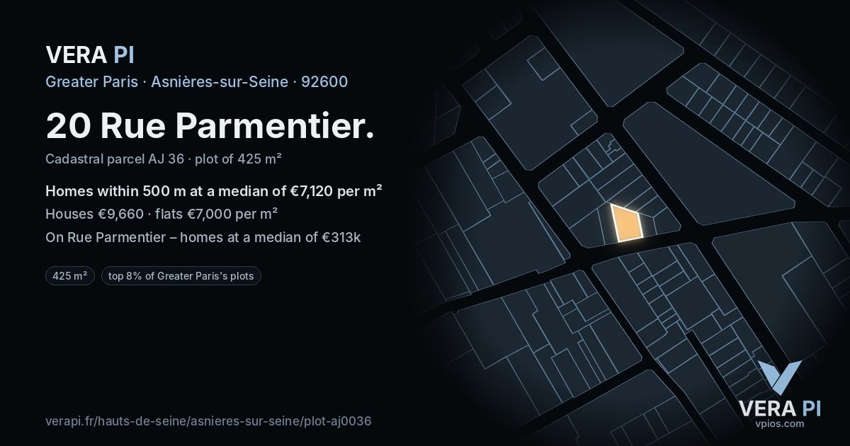 20 Rue Parmentier, Asnières-sur-Seine at night – the plot lit, the parcels around coloured by the prices near them