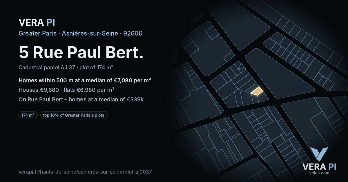 5 Rue Paul Bert, Asnières-sur-Seine at night – the plot lit, the parcels around coloured by the prices near them