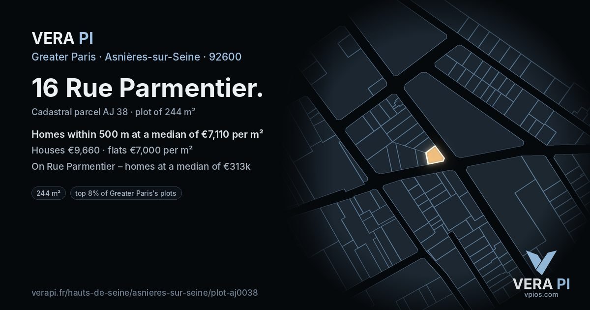 16 Rue Parmentier, Asnières-sur-Seine at night – the plot lit, the parcels around coloured by the prices near them