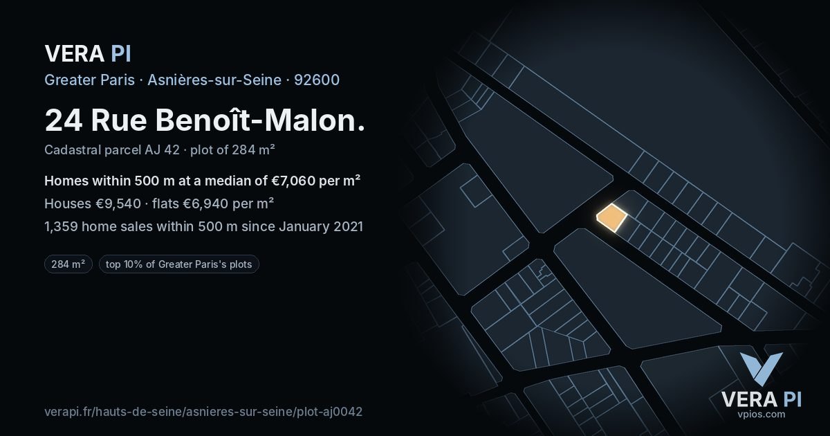 24 Rue Benoît-Malon, Asnières-sur-Seine at night – the plot lit, the parcels around coloured by the prices near them