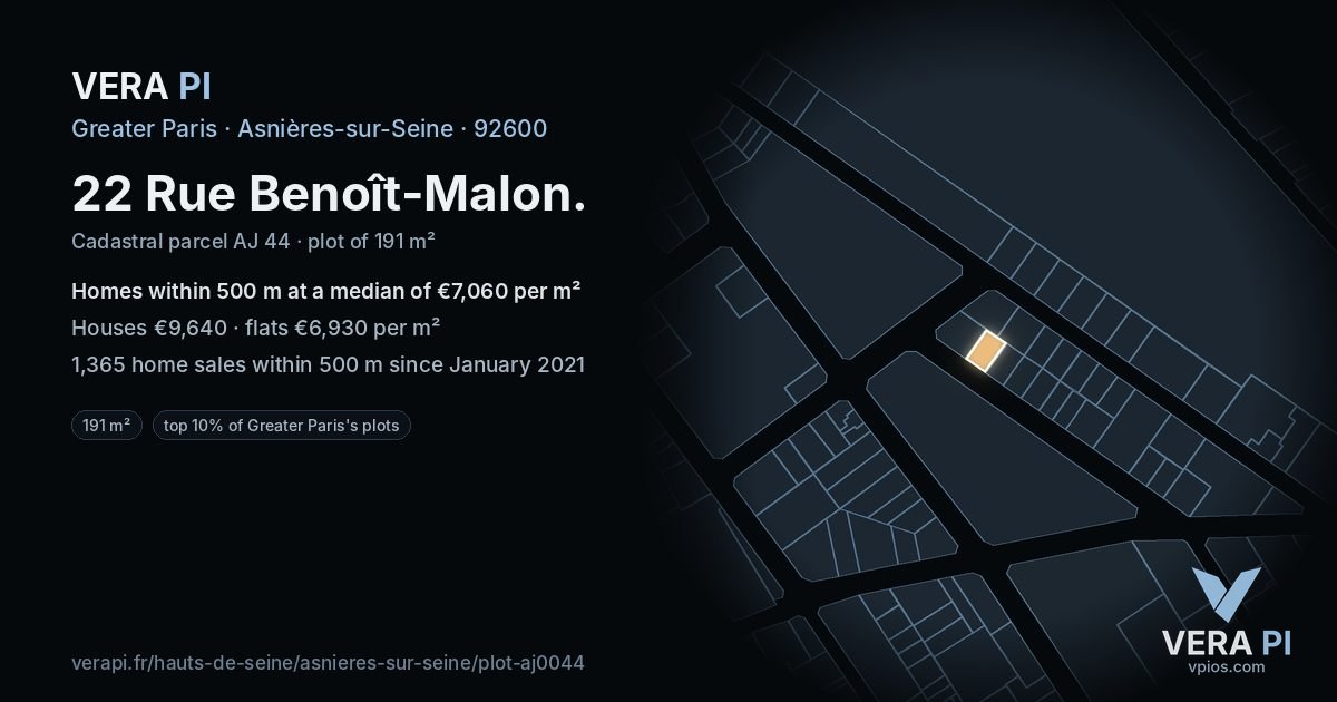 22 Rue Benoît-Malon, Asnières-sur-Seine at night – the plot lit, the parcels around coloured by the prices near them