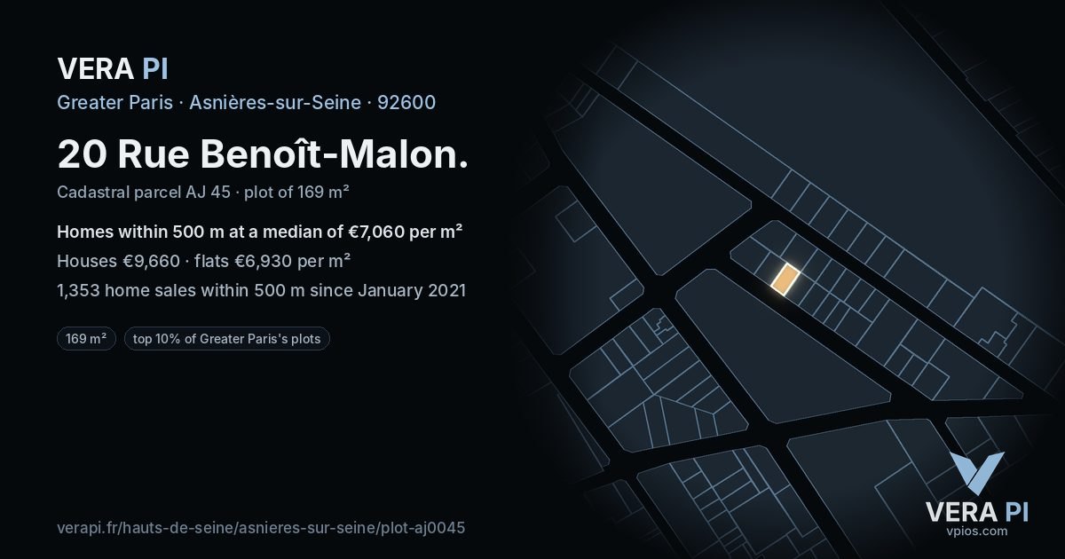 20 Rue Benoît-Malon, Asnières-sur-Seine at night – the plot lit, the parcels around coloured by the prices near them