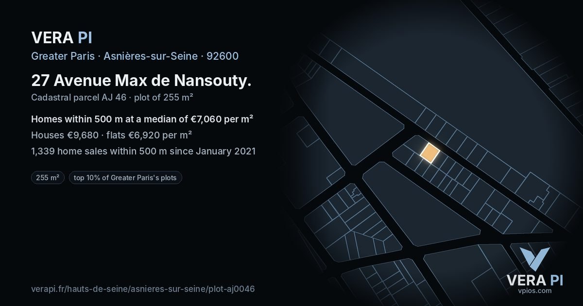 27 Avenue Max de Nansouty, Asnières-sur-Seine at night – the plot lit, the parcels around coloured by the prices near them