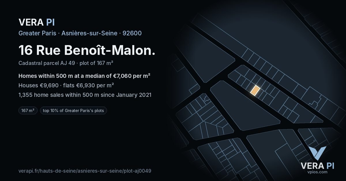 16 Rue Benoît-Malon, Asnières-sur-Seine at night – the plot lit, the parcels around coloured by the prices near them