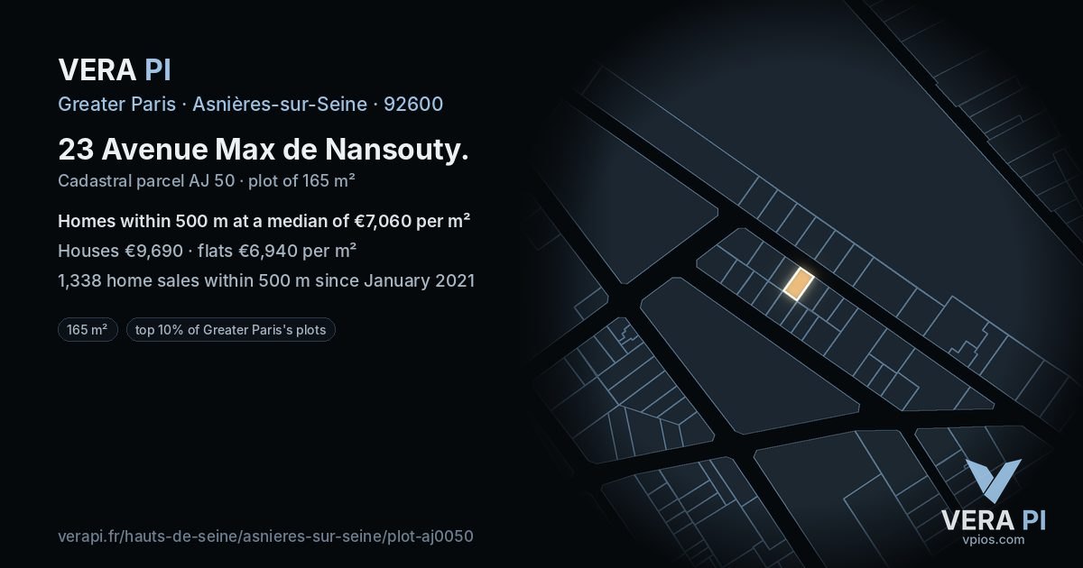 23 Avenue Max de Nansouty, Asnières-sur-Seine at night – the plot lit, the parcels around coloured by the prices near them