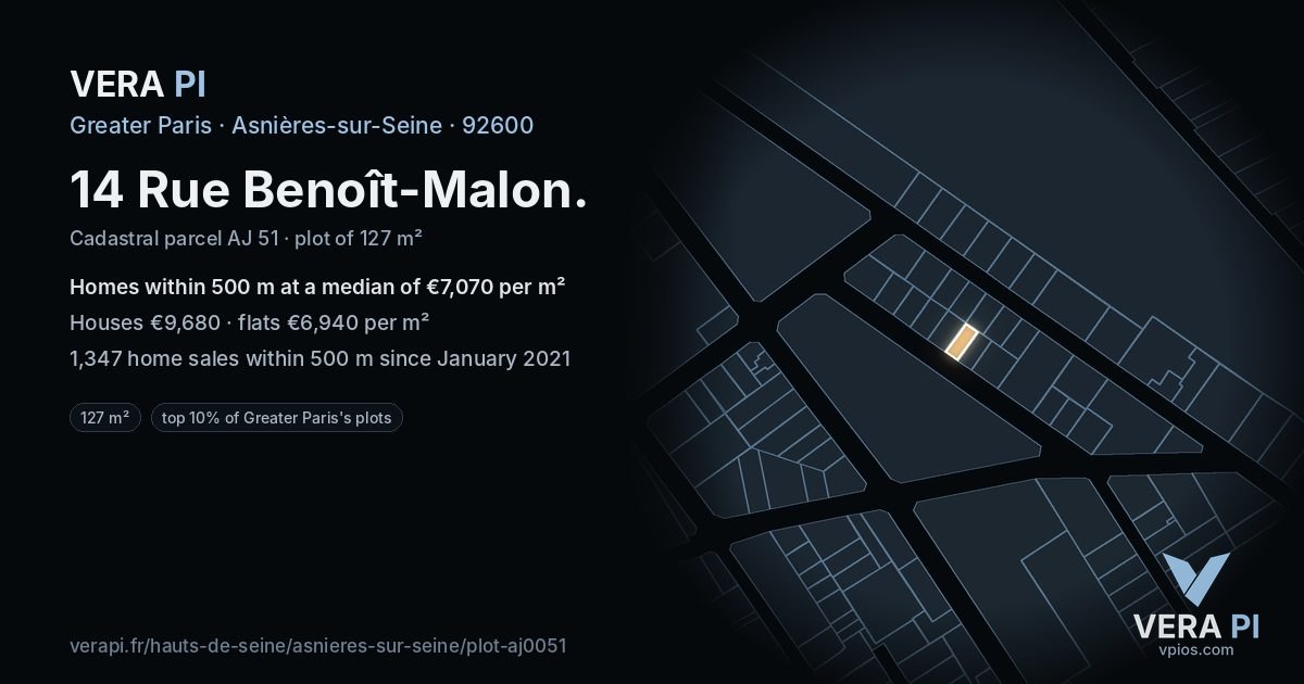14 Rue Benoît-Malon, Asnières-sur-Seine at night – the plot lit, the parcels around coloured by the prices near them