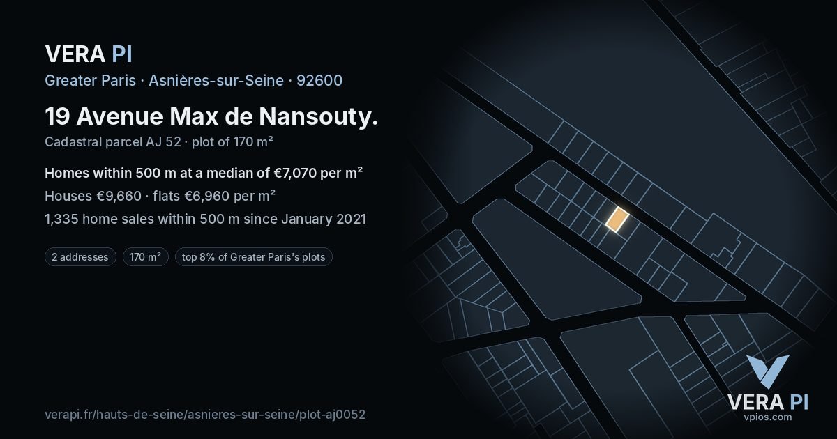 19 Avenue Max de Nansouty, Asnières-sur-Seine at night – the plot lit, the parcels around coloured by the prices near them