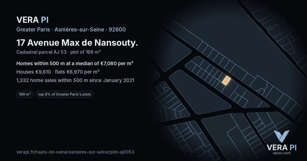 17 Avenue Max de Nansouty, Asnières-sur-Seine at night – the plot lit, the parcels around coloured by the prices near them