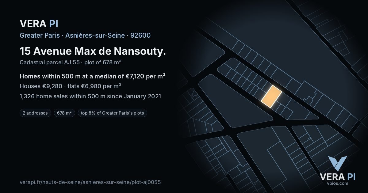 15 Avenue Max de Nansouty, Asnières-sur-Seine at night – the plot lit, the parcels around coloured by the prices near them