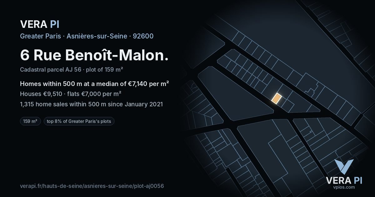 6 Rue Benoît-Malon, Asnières-sur-Seine at night – the plot lit, the parcels around coloured by the prices near them