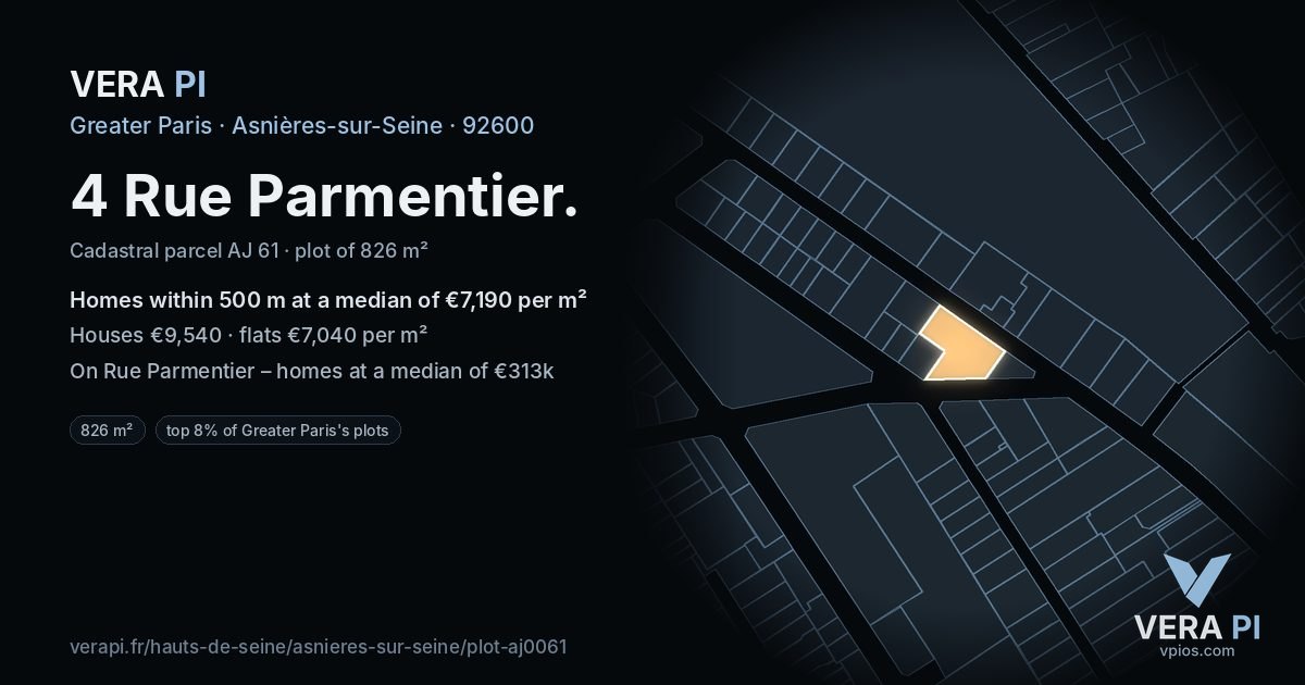 4 Rue Parmentier, Asnières-sur-Seine at night – the plot lit, the parcels around coloured by the prices near them