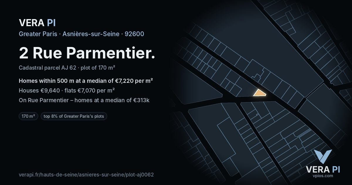 2 Rue Parmentier, Asnières-sur-Seine at night – the plot lit, the parcels around coloured by the prices near them