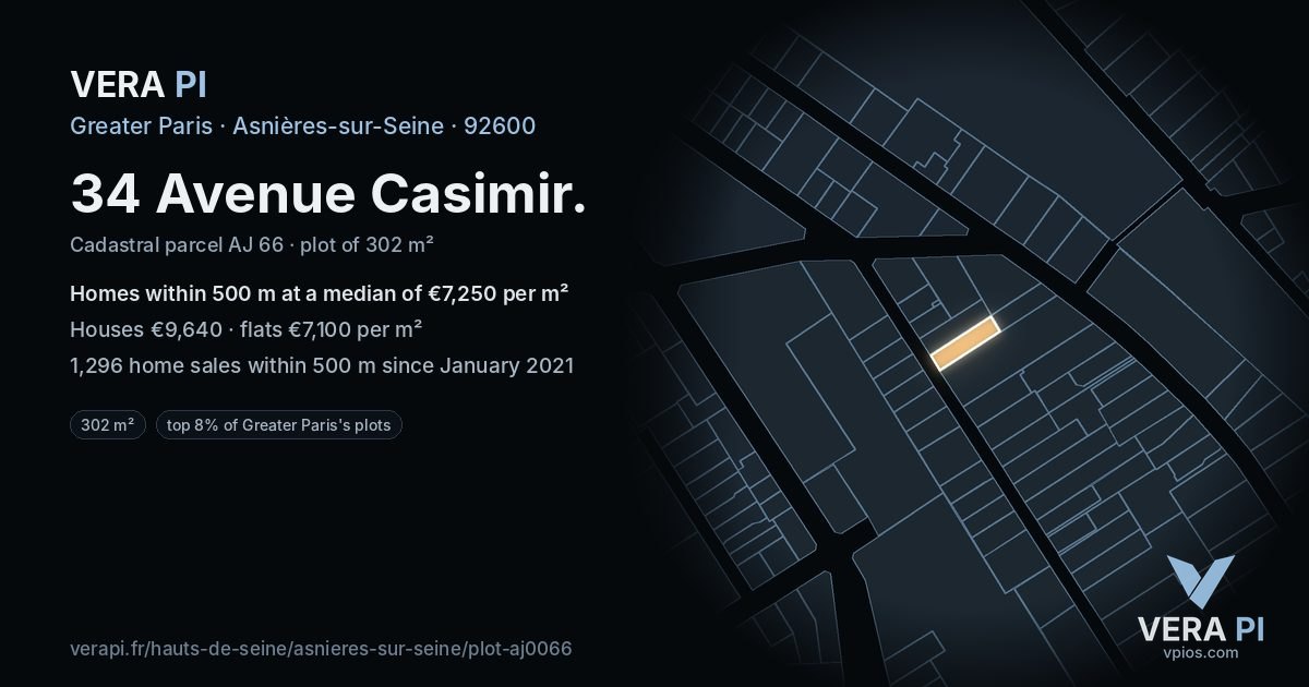 34 Avenue Casimir, Asnières-sur-Seine at night – the plot lit, the parcels around coloured by the prices near them