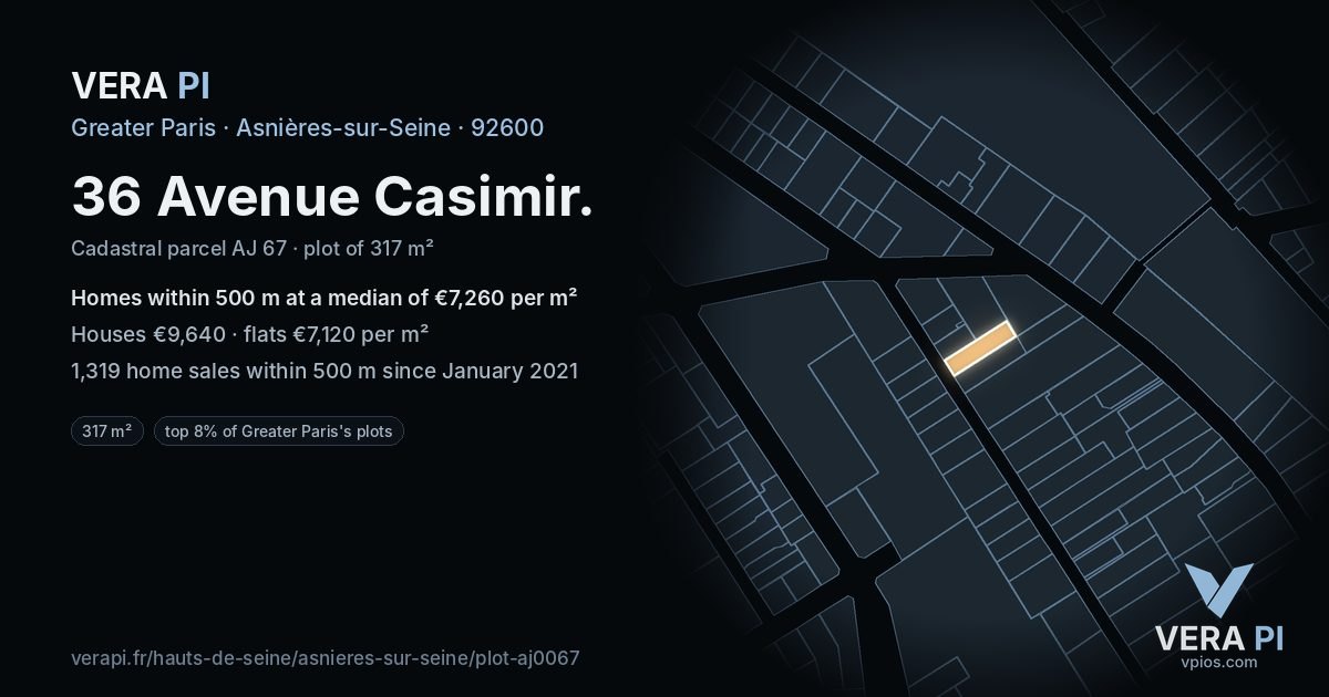 36 Avenue Casimir, Asnières-sur-Seine at night – the plot lit, the parcels around coloured by the prices near them