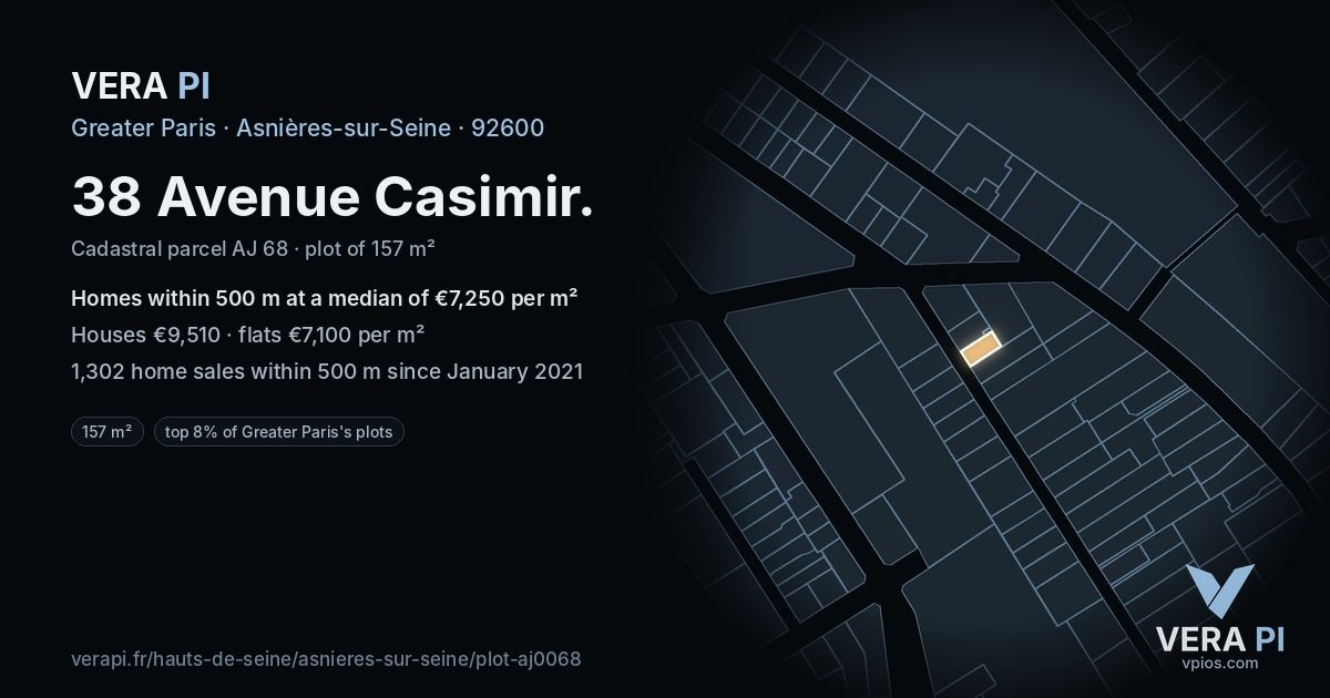38 Avenue Casimir, Asnières-sur-Seine at night – the plot lit, the parcels around coloured by the prices near them