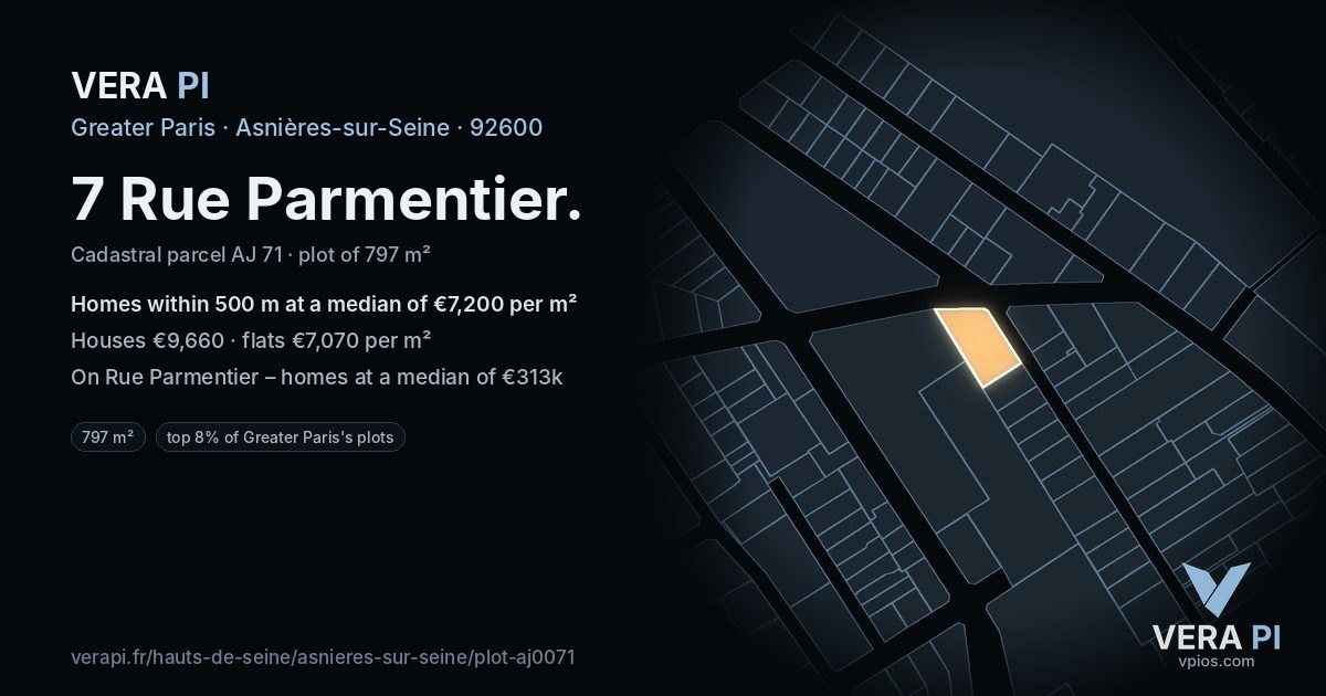 7 Rue Parmentier, Asnières-sur-Seine at night – the plot lit, the parcels around coloured by the prices near them