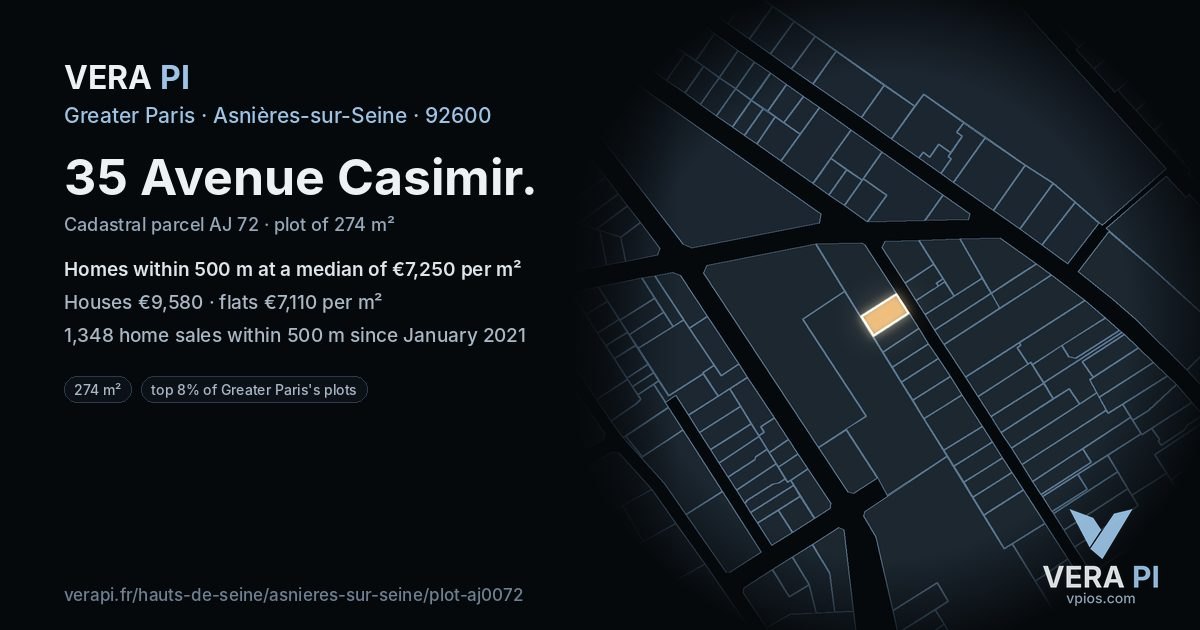 35 Avenue Casimir, Asnières-sur-Seine at night – the plot lit, the parcels around coloured by the prices near them