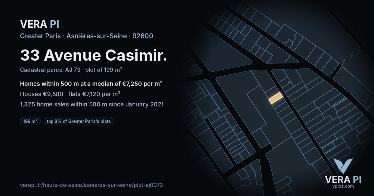 33 Avenue Casimir, Asnières-sur-Seine at night – the plot lit, the parcels around coloured by the prices near them