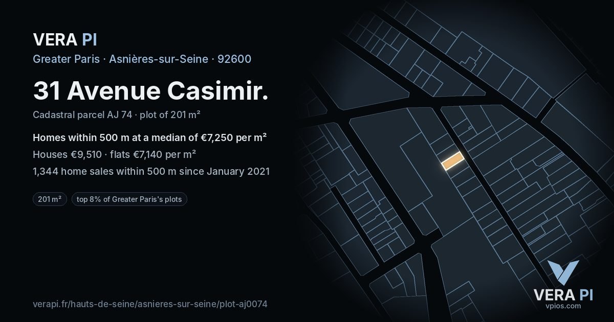 31 Avenue Casimir, Asnières-sur-Seine at night – the plot lit, the parcels around coloured by the prices near them