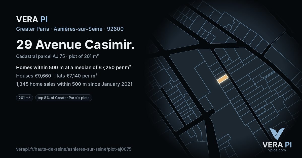 29 Avenue Casimir, Asnières-sur-Seine at night – the plot lit, the parcels around coloured by the prices near them
