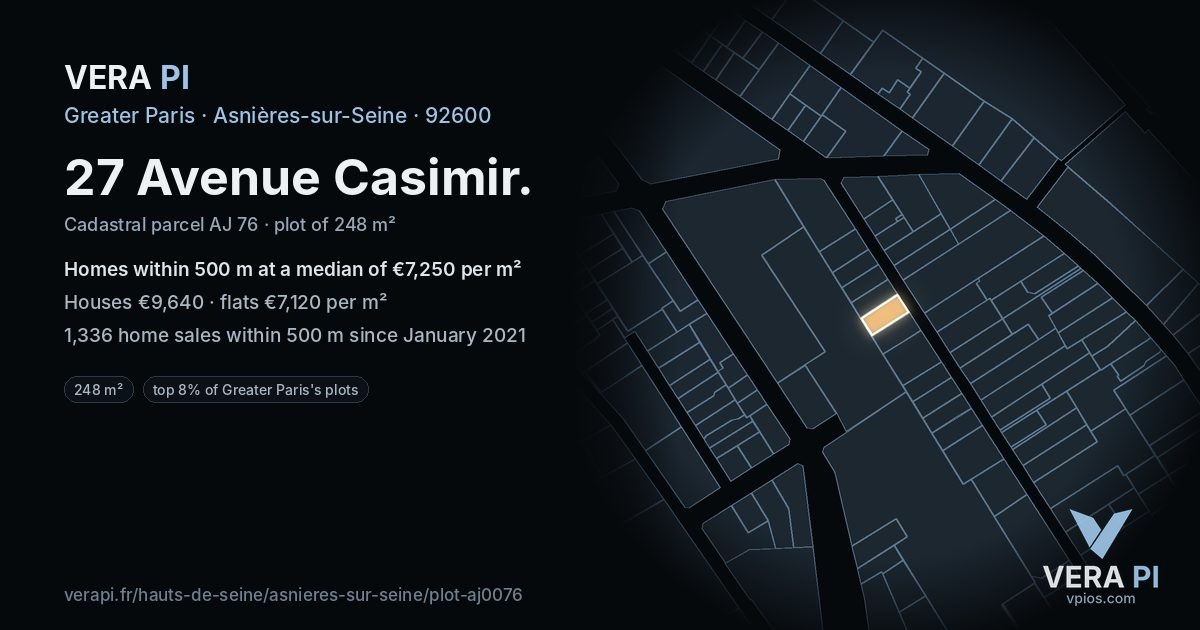 27 Avenue Casimir, Asnières-sur-Seine at night – the plot lit, the parcels around coloured by the prices near them