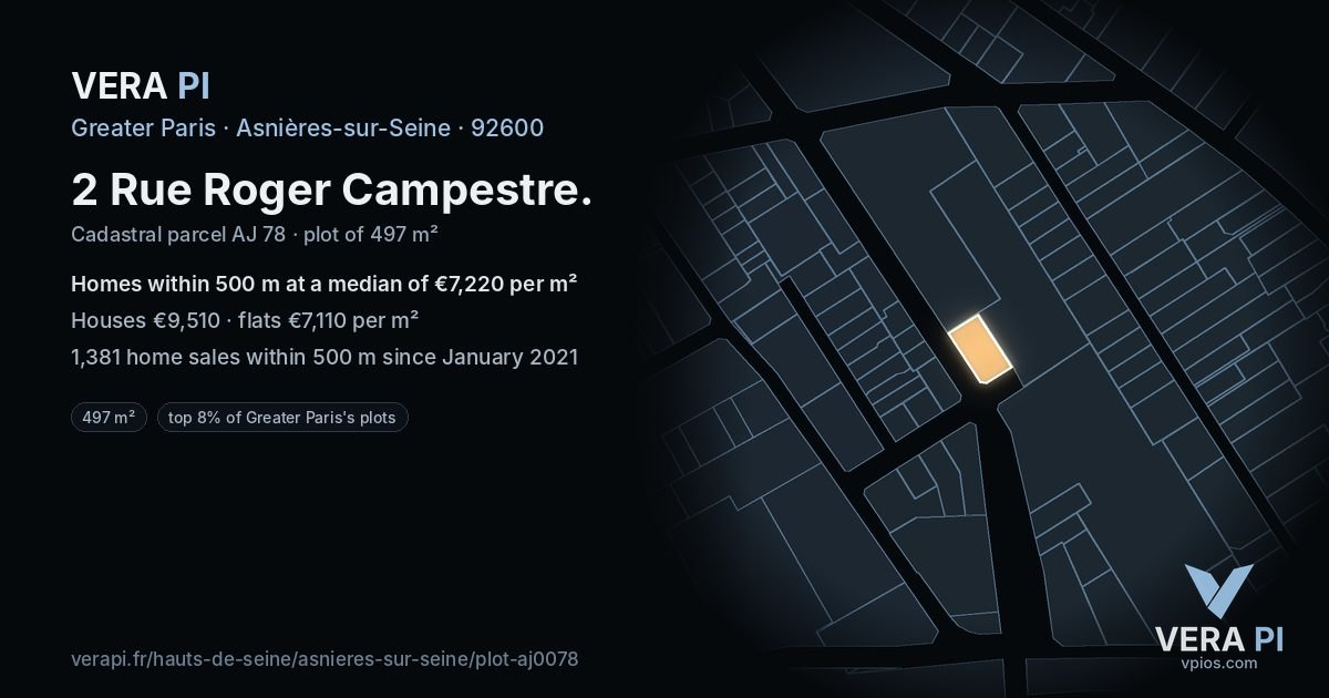 2 Rue Roger Campestre, Asnières-sur-Seine at night – the plot lit, the parcels around coloured by the prices near them