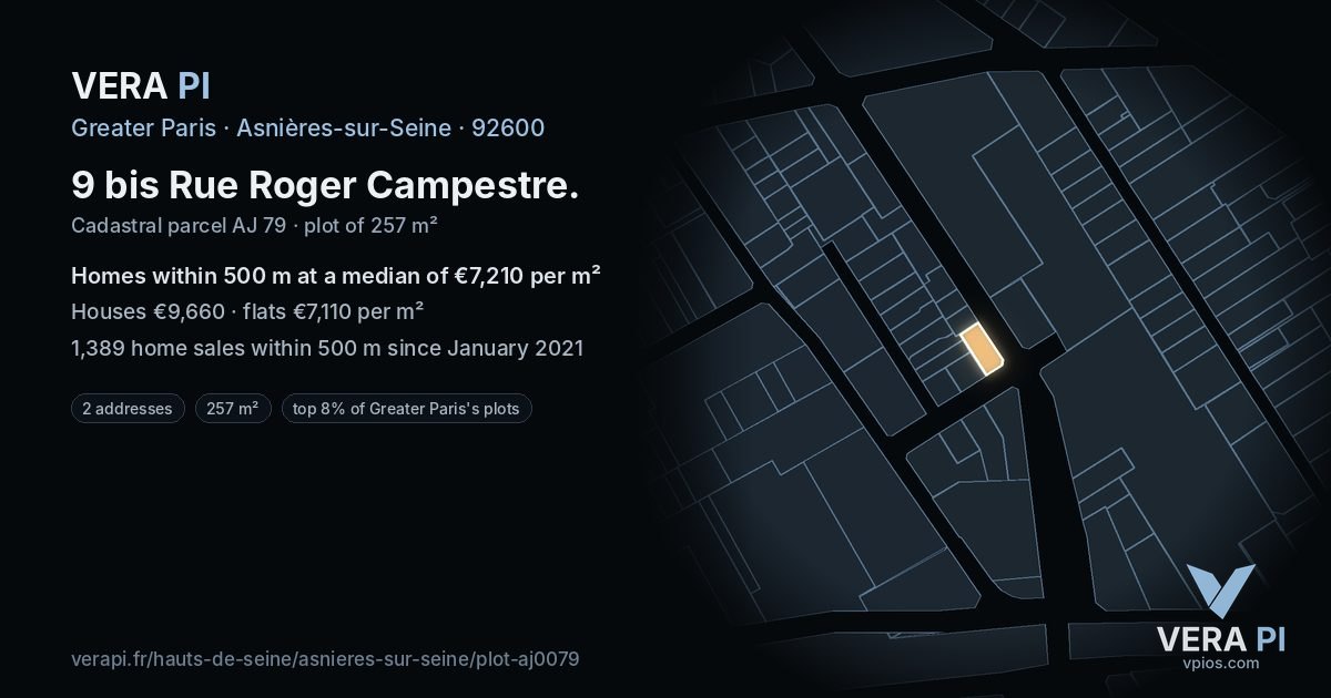 9 bis Rue Roger Campestre, Asnières-sur-Seine at night – the plot lit, the parcels around coloured by the prices near them