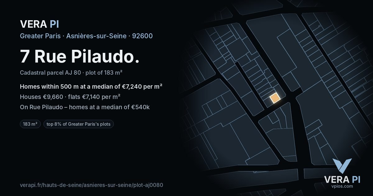 7 Rue Pilaudo, Asnières-sur-Seine at night – the plot lit, the parcels around coloured by the prices near them