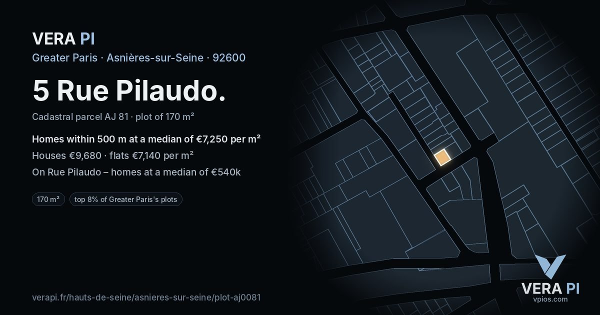 5 Rue Pilaudo, Asnières-sur-Seine at night – the plot lit, the parcels around coloured by the prices near them
