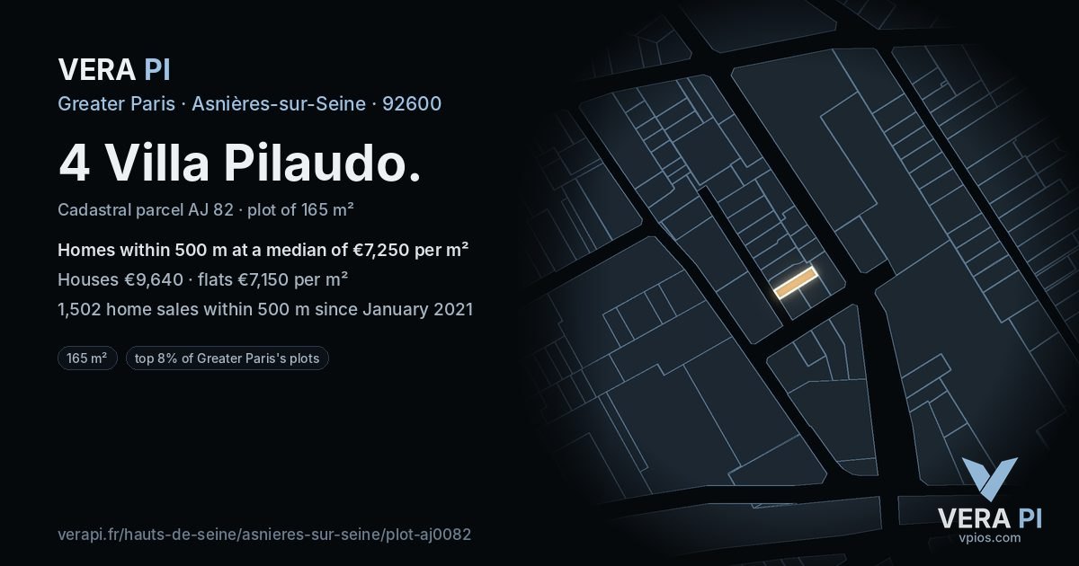 4 Villa Pilaudo, Asnières-sur-Seine at night – the plot lit, the parcels around coloured by the prices near them