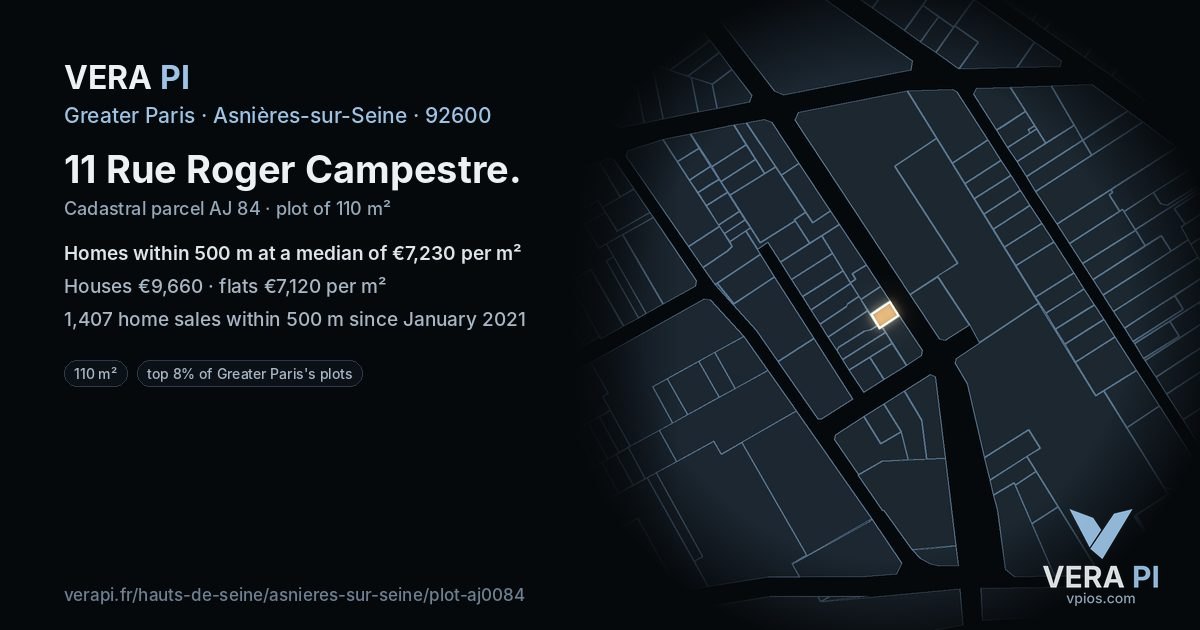 11 Rue Roger Campestre, Asnières-sur-Seine at night – the plot lit, the parcels around coloured by the prices near them
