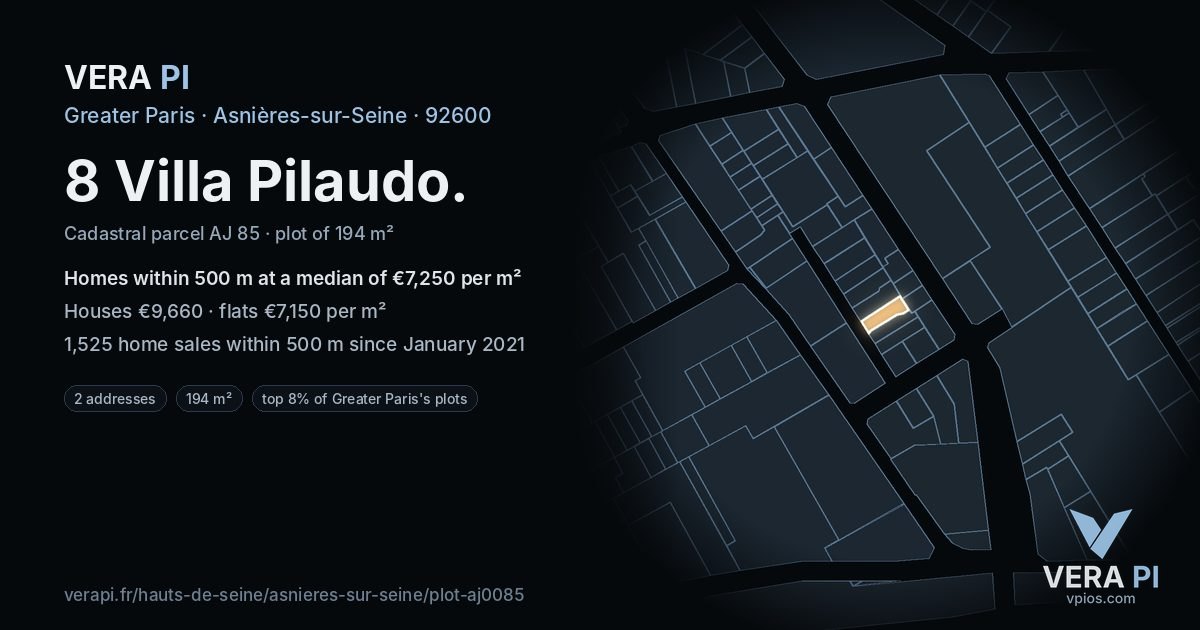 8 Villa Pilaudo, Asnières-sur-Seine at night – the plot lit, the parcels around coloured by the prices near them