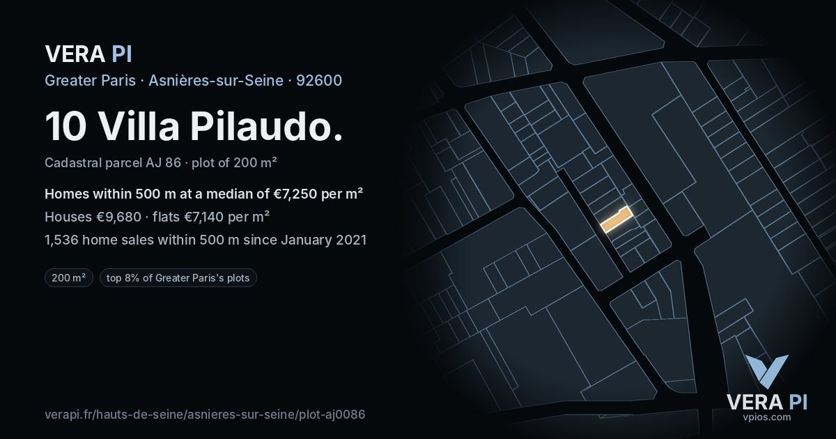 10 Villa Pilaudo, Asnières-sur-Seine at night – the plot lit, the parcels around coloured by the prices near them