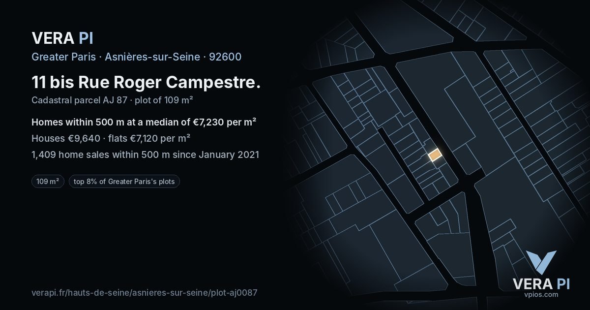 11 bis Rue Roger Campestre, Asnières-sur-Seine at night – the plot lit, the parcels around coloured by the prices near them