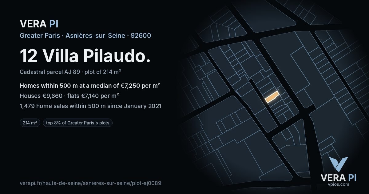 12 Villa Pilaudo, Asnières-sur-Seine at night – the plot lit, the parcels around coloured by the prices near them