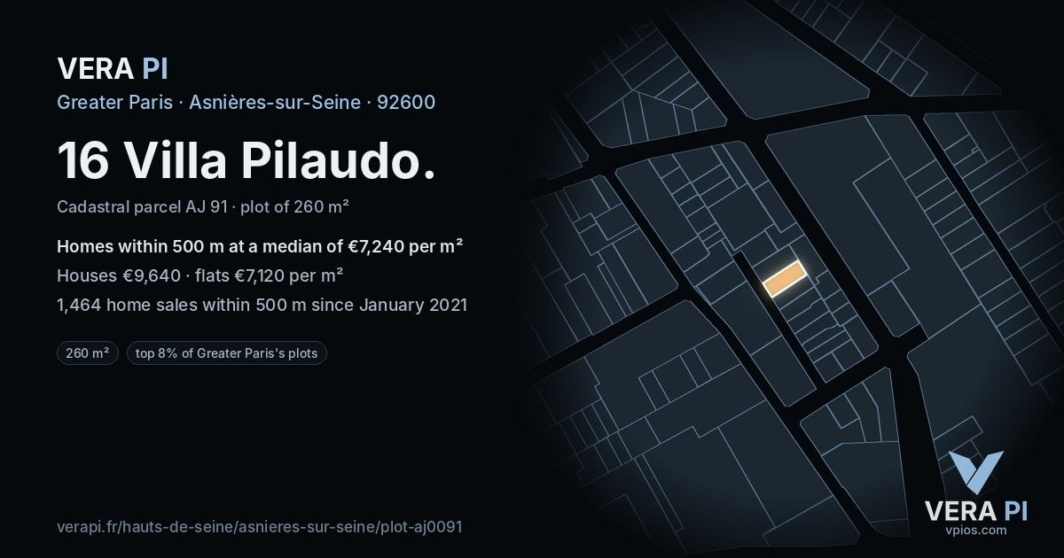 16 Villa Pilaudo, Asnières-sur-Seine at night – the plot lit, the parcels around coloured by the prices near them