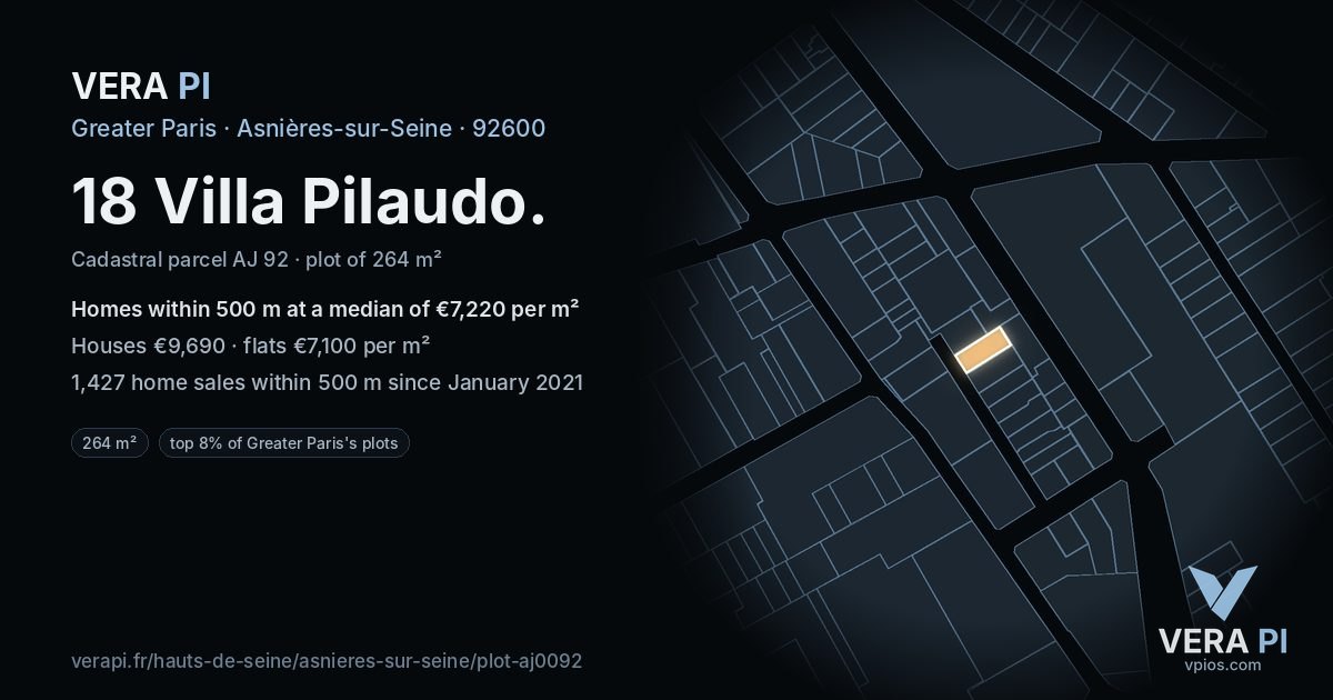 18 Villa Pilaudo, Asnières-sur-Seine at night – the plot lit, the parcels around coloured by the prices near them