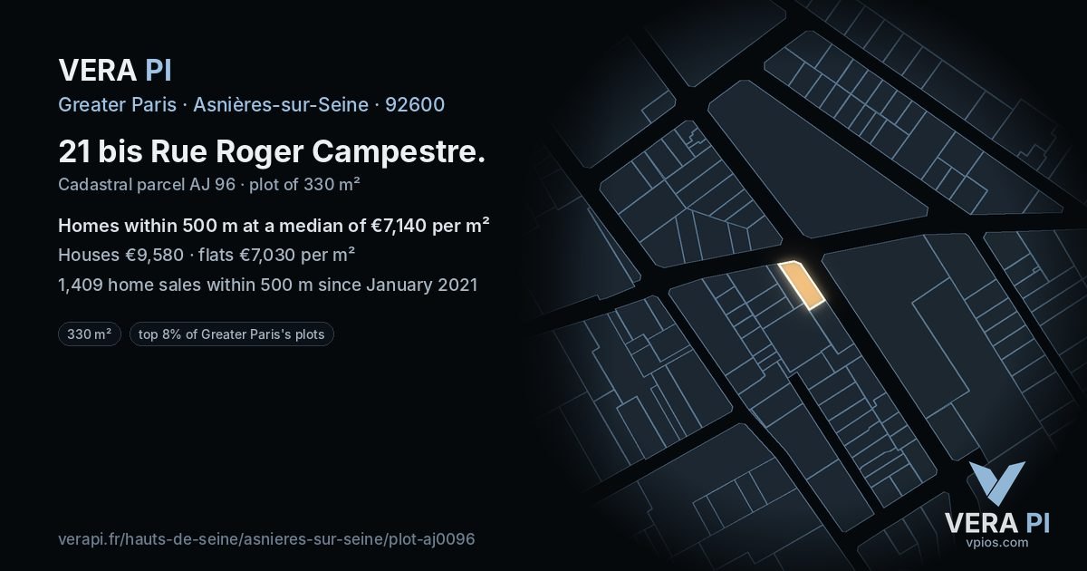 21 bis Rue Roger Campestre, Asnières-sur-Seine at night – the plot lit, the parcels around coloured by the prices near them
