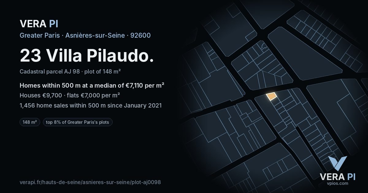 23 Villa Pilaudo, Asnières-sur-Seine at night – the plot lit, the parcels around coloured by the prices near them
