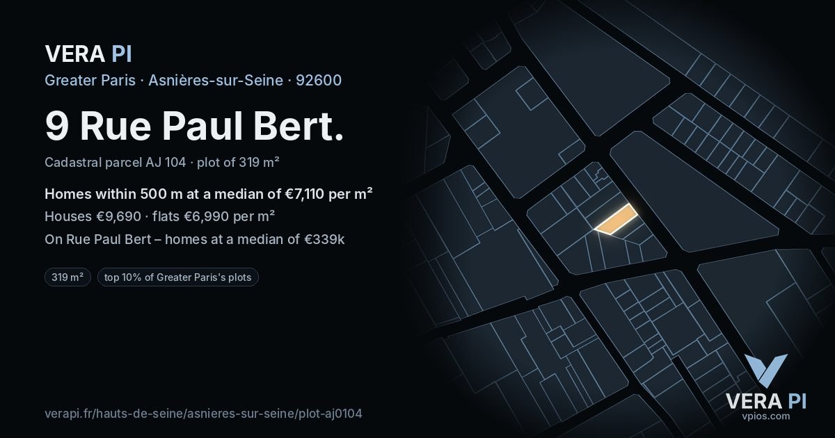 9 Rue Paul Bert, Asnières-sur-Seine at night – the plot lit, the parcels around coloured by the prices near them